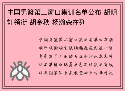 中国男篮第二窗口集训名单公布 胡明轩领衔 胡金秋 杨瀚森在列
